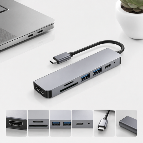 Hub USB-C 6 en 1 4K HDMI | Adaptador Multipuerto para Mini PC y Notebook